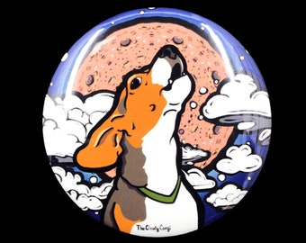 Beagle Howling at the Moon Pinback Button, Beagle Pin, Psychedelic Dog Accessories, Cartoon Pet Portrait Art Gift, 2.25 or 3.5"