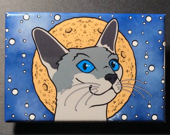 Siamese Cat Moon Magnet – Handmade 2x3" Fridge Decor – Hand Illustrated Starry Night Cat Art – Celestial Cat Lover Gift – Cute Space Magnet