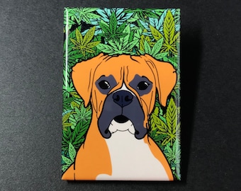 Boxer Dog Magnet, Funny 420 Stoner Pet Portrait Gift, Boho Dog Kitchen Decor, Psychedelic Dog Art Magnet, 2x3" High Quality Handmade Magnet