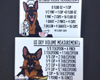 German Shepherd Dog Kitchen Measuring Chart Magnet Set, Baking and Cooking Conversion Table Magnets, Set of 2 (2x3") Handmade Fridge Magnets