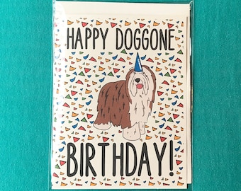 Bearded Collie Happy Doggone Birthday Card - Confetti Celebration Note Card - Cartoon Art Dog Stationery Set or Single Card