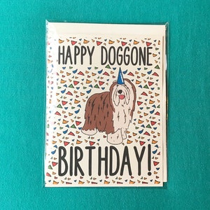 Bearded Collie Happy Doggone Birthday Card - Confetti Celebration Note Card - Cartoon Art Dog Stationery Set or Single Card