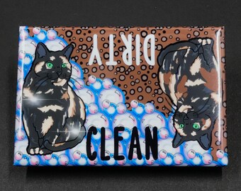 Tortoiseshell Cat Dishwasher Magnet | 2x3" Handmade Clean/Dirty Sign | Hand Illustrated Tortoie Cat Kitchen Decor