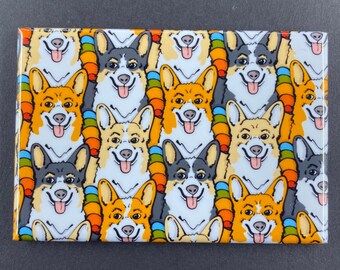 Rainbow Welsh Corgi Magnet, Psychedelic Dog Decor, Cartoon Pet Portrait Art Gift, 2x3" Handmade Dog Magnet