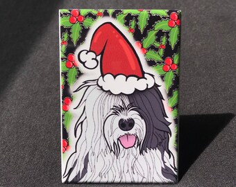 Old English Sheepdog Magnet, Christmas Dog Kitchen & Office Decor, Retro Pet Portrait Gift, 2x3" High Quality Handmade Magnet