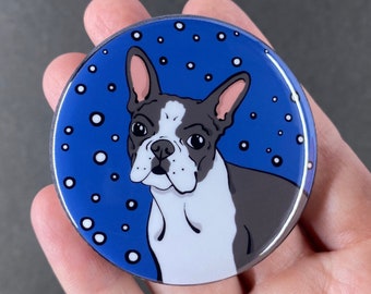 Boston Terrier Snow Button, Christmas Dog Pin, Cartoon Pet Portrait Art Gift, Holiday Dog Accessories, 2.25 or 3.5" Handmade Badge
