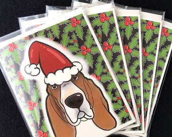 Basset Hound Christmas Card - Hound Dog Seasonal Holiday Stationery Set or Single Card - Santa Paws Basset Hound Note Card for All Ages