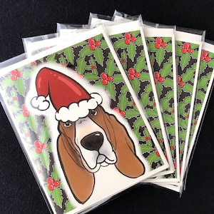 Basset Hound Christmas Card - Hound Dog Seasonal Holiday Stationery Set or Single Card - Santa Paws Basset Hound Note Card for All Ages