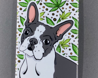Boston Terrier Magnet – Funny Weed Leaf Dog Art – 2x3" Handmade Magnet, Hand Illustrated 420 Dog Magnet, Gift for Stoners & Dog Lovers