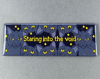 Black Cat Magnet, Staring Into The Void Pet Portrait Art Gift, Retro Kitty Kitchen & Office Decor, 1.5X4.5" Handmade Magnet
