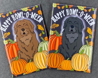 Newfoundland Halloween Magnet, Holiday Dog Kitchen & Office Decor, Retro Pet Portrait Pumpkin Patch Art, 2x3" High Quality Handmade Magnet