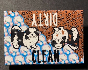 Shih Tzu Dishwasher Magnet, Clean Dirty Dog Dishwasher Sign, Cartoon Art Dog Gifts & Kitchen Decor, 2x3" High Quality Handmade Magnet
