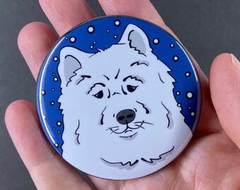Samoyed Snow Button, Eskimo Dog Pin, Cartoon Pet Portrait Art Gift, Holiday Dog Accessories, 2.25 or 3.5" Handmade for Backpacks and Jackets