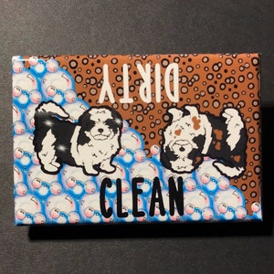 Shih Tzu Dishwasher Magnet, Clean Dirty Dog Dishwasher Sign, Cartoon Art Dog Gifts & Kitchen Decor, 2x3" High Quality Handmade Magnet