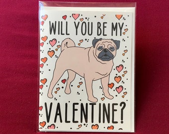 Pug Valentine's Day Card - Will You Be My Valentine? Puppy Love Holiday Note Card - Holiday Stationery Gift Set or Single Card