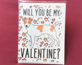 Jack Russel Terrier Dog Valentine's Day Card - Will You Be My Valentine? Cartoon Art Note Card for All Ages - Holiday Card Set or Single