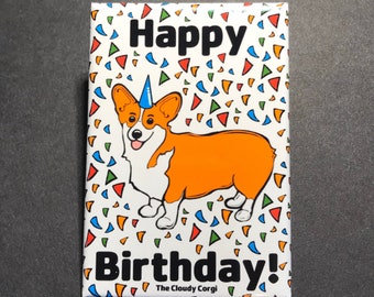 Corgi Birthday Magnet, Dog Birthday Gift, Happy Birthday Pet Portrait Art Decor, Corgi Party Decoration, 2x3" High Quality Handmade Magnet