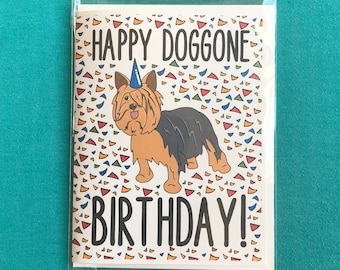 Yorkshire Terrier Birthday Card, Yorkie Birthday Card, Cartoon Pet Portrait Greeting Card, 5x6.5" Handmade Card with Self-seal Envelope