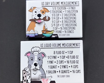 Pit Bull Terrier Dog Kitchen Measuring Chart Magnet Set, Baking and Cooking Conversion Table Magnets, Set of 2 (2x3") Handmade Magnets
