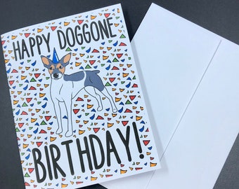 Rat Terrier Birthday Card, Retro Dog Birthday Card, Cartoon Pet Portrait Gift, Dog Birthday Greeting Card, Set or Single Card + Envelope