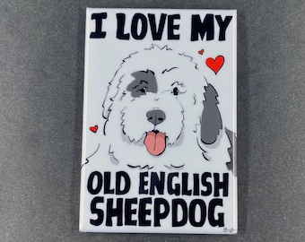Old English Sheepdog Magnet, Cute Pet Portrait Art Gift, Retro Dog Kitchen Decor, 2x3" Handmade Magnet Gift for All Occasions