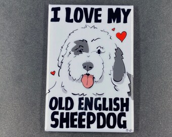 Old English Sheepdog Magnet, Cute Pet Portrait Art Gift, Retro Dog Kitchen Decor, 2x3" Handmade Magnet Gift for All Occasions