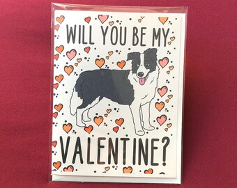 Border Collie Dog Valentines Day Card - Will You Be My Valentine? Puppy Love Note Card - Holiday Stationery Set or Single Card