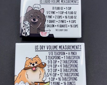 Pomeranian Dog Kitchen Measuring Chart Magnet Set, Baking and Cooking Conversion Table Magnets, Set of 2 (2x3") Handmade Fridge Magnets