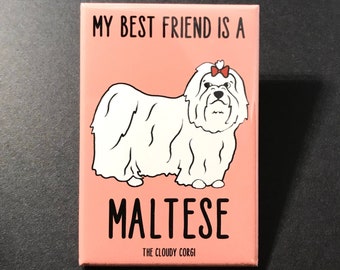 Maltese Magnet, Retro Dog Kitchen & Office Decor, Cartoon Pet Portrait Art Gift, 2x3" High Quality Handmade Magnet