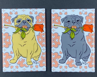 Pug with a Rose Magnet, Dog Valentine's Day Gift, Retro Kitchen Office Decor, Holiday Pet Portrait Valentine & Anniversary Gift