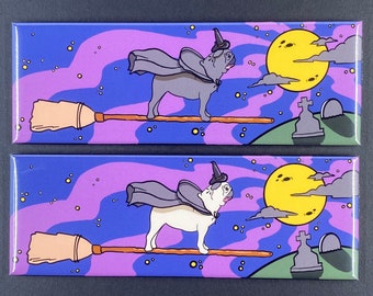 Flying Pug Witch Magnet, Halloween Dog Art, 1.5x4.5" Handmade Fridge Magnet, Spooky Night Cemetery Scene, Cute Pug Gift for Dog Lovers