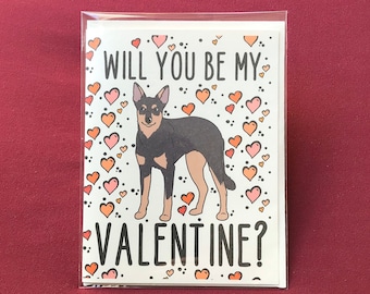 Australian Kelpie & Hearts Valentine's Day Card - Will You Be My Valentine? Puppy Love Note Card - Holiday Stationary Set or Single Card