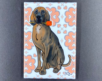 Plott Hound Rose Magnet, Dog Valentines Day Gift, Retro Kitchen Office Decor, Holiday Pet Portrait Valentine & Anniversary Gift 2x3"