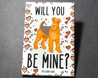 Airedale Terrier & Hearts Magnet - Be Mine Valentine's Day Dog Gifts - Terrier Cartoon Art Holiday Collectibles and Decor