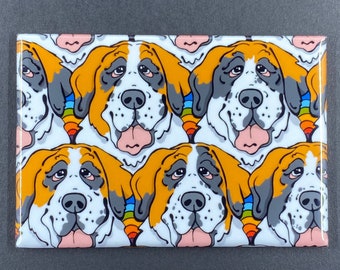 Rainbow Saint Bernard Magnet, Retro Dog Kitchen & Office Decor, Cartoon Pet Portrait Art Gift, 2x3" Handmade Dog Magnet