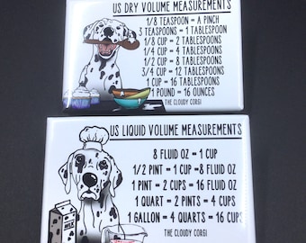 Dalmatian Dog Measuring Chart Magnet Set, Baking & Cooking Kitchen Conversion Chart Magnets, Set of 2 (2x3") Handmade Magnets