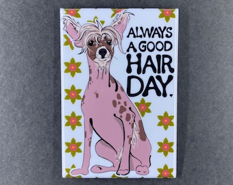 Retro Chinese Crested Dog Magnet, Always a Good Hair Day Pet Portrait Art Gift, Funny Dog Kitchen & Office Decor  2x3" Handmade Magnet