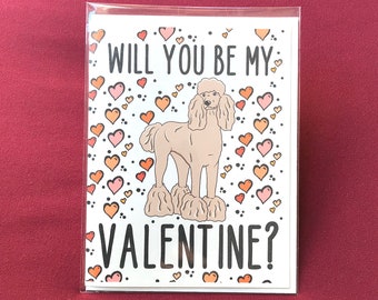 Poodle Dog Valentine's Day Card - Will You Be My Valentine? Cartoon Art Note Card for All Ages - Holiday Stationery Set or Single Card