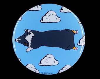 Tricolor Corgi Pinback Button, "Doggo in the Clouds" Funny Dog Pin, Psychedelic Pet Portrait Gift, Tricolor Corgi Accessories, 2.25 or 3.5"