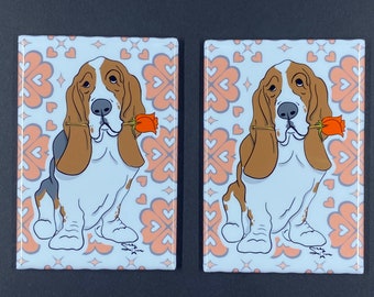 Basset Hound with a Rose Magnet, Dog Valentine's Day Gift, Retro Kitchen Office Decor, Holiday Pet Portrait Valentine & Anniversary Gift