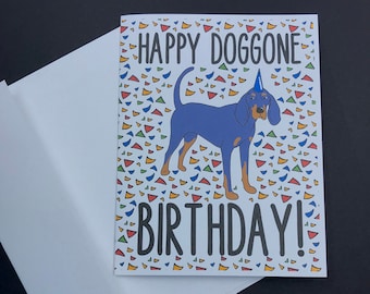 Black & Tan Coonhound Dog Birthday Card, Funny Hound Dog Greeting Card, Available as a Single Card or Set of Cards