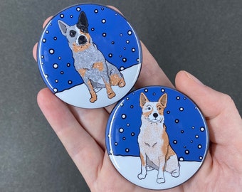 Australian Cattle Dog Snow Button, Christmas Heeler Pin, Cartoon Pet Portrait Art Gift, Holiday Dog Accessories, 2.25 or 3.5" Handmade Badge