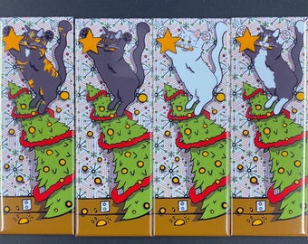 Retro Cat Christmas Magnet, Winter Holiday Cat Decor,  Funny Pet Portrait Stocking Stuffer Gifts, Mid Century Art Handmade Magnet 1.5x4.5"