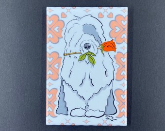 Old English Sheepdog Rose Magnet, Dog Valentine's Day Gift, Retro Kitchen Office Decor, Holiday Pet Portrait Valentine & Anniversary Gift