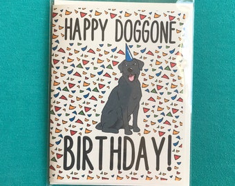 Black Labrador Retriever Happy Doggone Birthday Card - Confetti Celebration Note Card - Cartoon Art Dog Stationery Set or Single Card