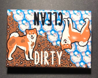 Shiba Inu Dishwasher Magnet, Clean Dirty Dog Magnet, Retro Dog Kitchen Decor & Cleaning Accessories, Housewarming Gift, 2x3" Handmade Magnet