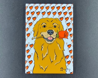 Golden Retriever Rose Magnet, Dog Valentines Day Gift, Retro Kitchen Office Decor, Holiday Pet Portrait Valentine & Anniversary Gift 2x3"