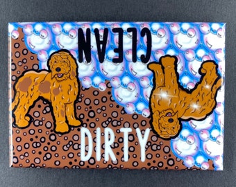 Goldendoodle Dog Dishwasher Magnet, Clean Dirty Dishwasher Sign, Cartoon Pet Portrait Gifts and Decor, 2x3" High Quality Handmade Magnet
