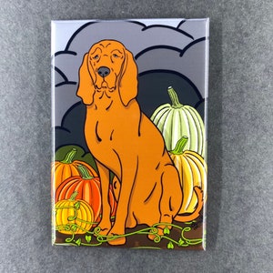 Redbone Coonhound Magnet, Pumpkin Patch Pet Portrait Art Gift, Holiday Dog Kitchen & Office Decor  2x3" Handmade Magnet