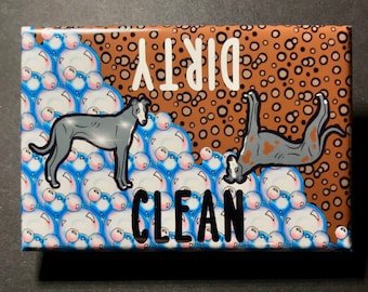 Greyhound Dishwasher Magnet, Clean Dirty Magnetic Sign, Retro Dog Kitchen Decor, Cartoon Pet Portrait Gift 2x3" High Quality Handmade Magnet